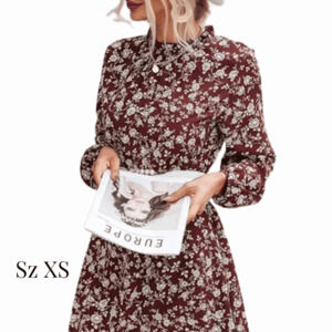 Red Floral Mini Dress, Tie Waist, Ruffled Collar, Women's Cupshe, NWT Sz XS